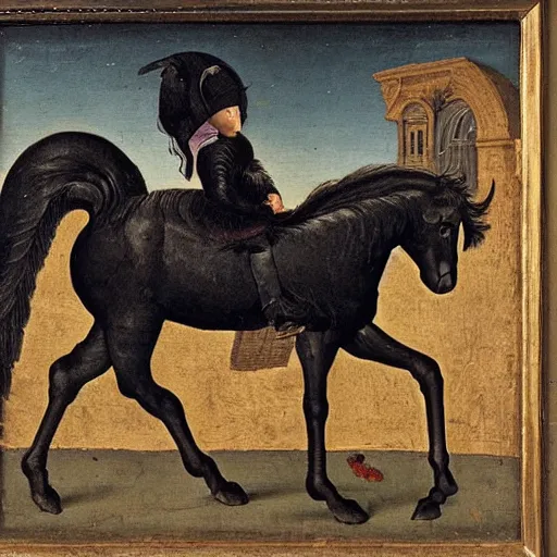 Prompt: a black unicorn, Flemish painting