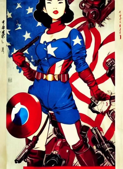 Image similar to asian female captain america. feminist captain america wins ww 2. american ww 2 propaganda poster by masamune shirow, rob liefeld and pixar. gorgeous face. geisha. pin up. overwatch.