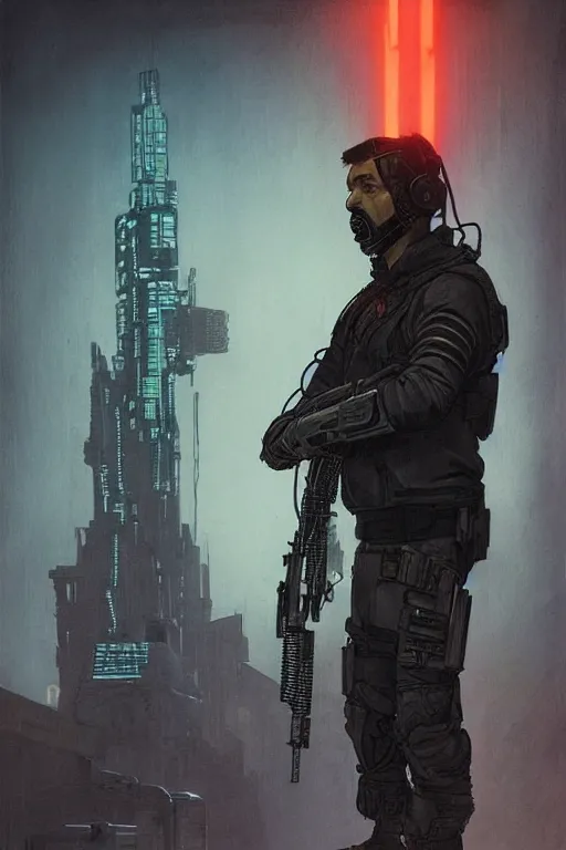 Image similar to Javier. smug blackops mercenary in tactical gear and cyberpunk headset. Blade Runner 2049. concept art by James Gurney and Mœbius.