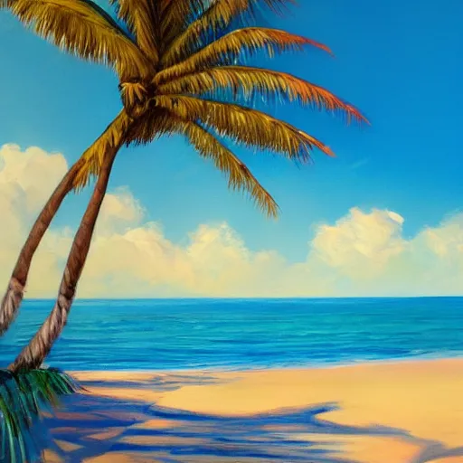 Image similar to A beautiful award winning painting of a tropical beach with palm trees and blue ocean, trending on artstation