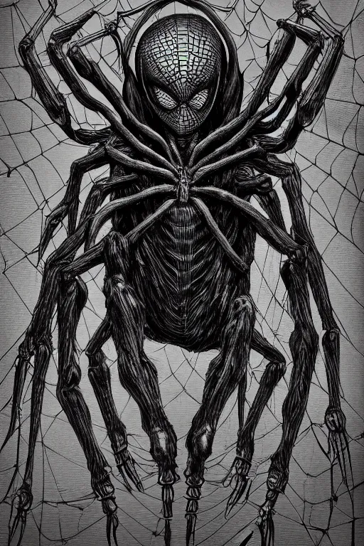 Image similar to spider humanoid figure monster, symmetrical, highly detailed, digital art, sharp focus, trending on art station, kentaro miura manga art style