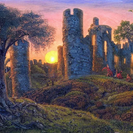 Image similar to art in the style of James Christensen, a panorama of a ruined fortress built with trees, inhabited by elves and faeries, with the lighting reflecting the sunset , intricately detailed