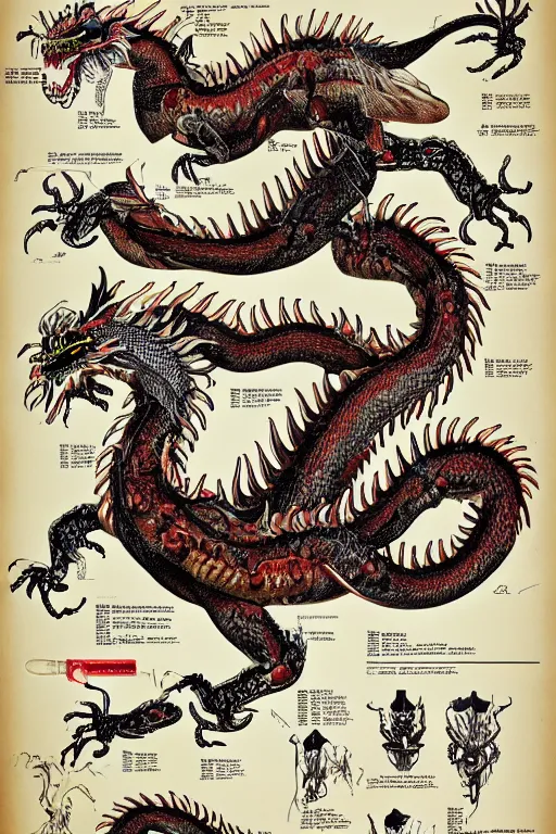 Image similar to anatomical encyclopedia illustration of a chinese dragon, photorealistic, diagram, intricate details