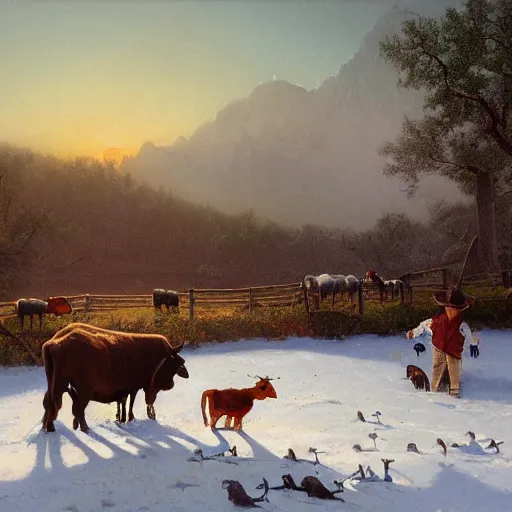 Prompt: an extremely detailed matte painting of a rancher feeding the animals at sunrise, tall rancher wearing a cowboy hat, dogs, cows, sheep, chickens, ducks, 4 k, ranch the morning after a light snowfall, by bob ross and norman rockwell and albert bierstadt