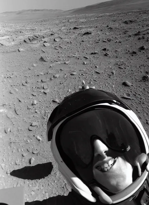 Prompt: Gigachad takes a selfie on Mars, smiling, no helmet, black and white