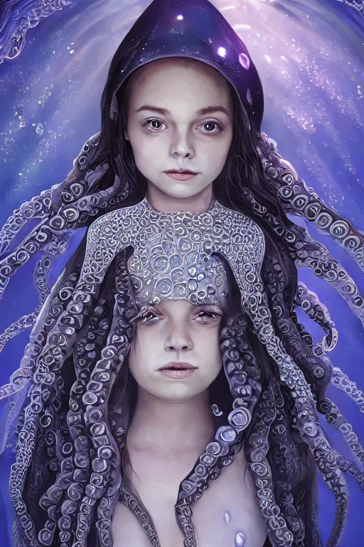 Image similar to young angelina golie portman as an octopus witch dressed in intricate silver clothing surrounded by underwater particles above sharks and sea creatures, fantasy, wlop, trending on artstation, deviantart, anime key visual, official media, professional art, 8 k uhd