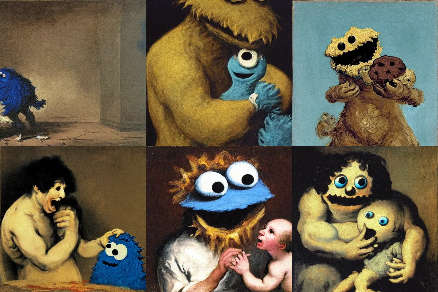 Prompt: Cookie Monster Devouring his Son, a painting by Francisco Goya