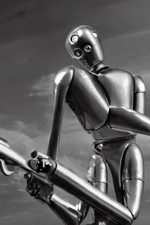 Prompt: the day the earth stood still 1 9 5 1 silver gort robot holding a black rifle gun, art work, uhd, sharp, detailed, cinematic 4 k