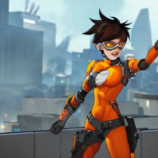 Image similar to tracer, standing on rooftop, wearing spiked choker, 4 k, detailed, smiling at camera, detailed eyes, confident stance, detailed face, feminine face, burning exploding city in background