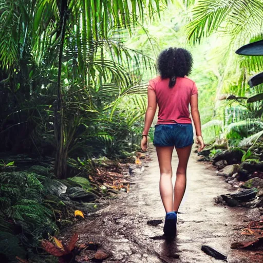 Image similar to a beautiful young woman with short shorts on walking through a rain forest, highly detailed, photograph, award winning, 8k, natural, natural lighting, natural beauty
