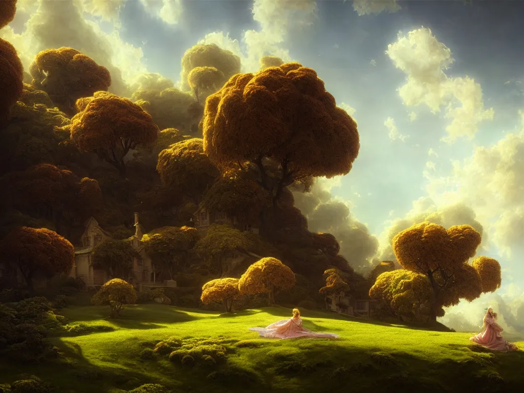 Image similar to beautiful landscape, gorgeous victorian mansion, sunny sky with fluffy clouds, iredescent soft glow bloom effect, dream - like, baroque portrait painting, perfect composition, beautiful detailed, intricate detailed octane render, unreal engine 5, trending on artstation, 8 k, chiaroscuro, masterpiece, raphael, caravaggio, beksinski, ghibli
