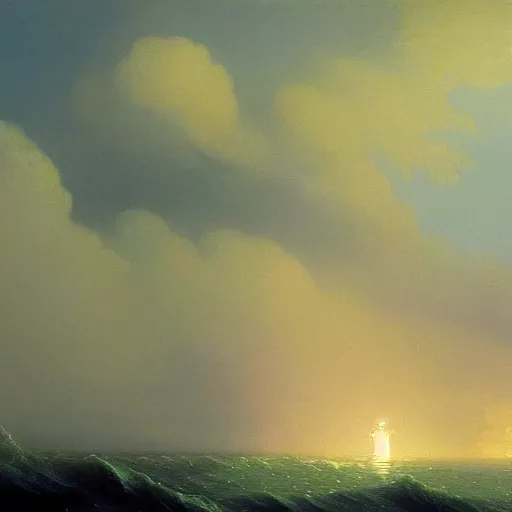 Image similar to painting of a singular lighthouse, shining its light across a tumultuous sea by Aivazovsky, Trending on artstation