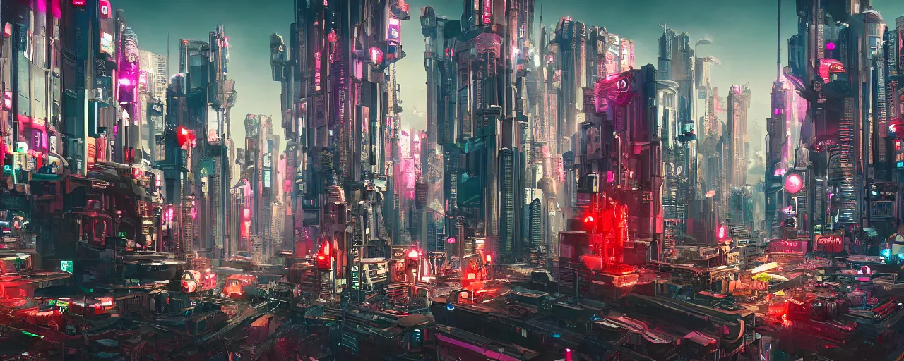 Prompt: cyberpunk city invaded by cute robots from mars, trending on artstation, 8K, ultra wide angle, pincushion lens effect