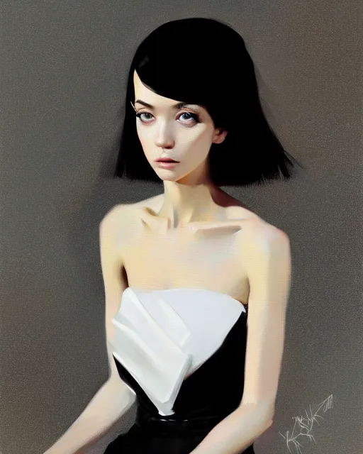 Prompt: a ultradetailed beautiful portrait panting of a stylish woman wearing a black tuxedo, she has a crazy looking expression, white background, oil painting, by ilya kuvshinov, greg rutkowski and makoto shinkai, trending on artstation