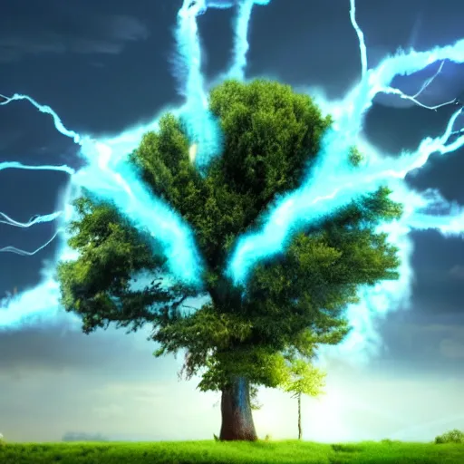 Prompt: A colorized matte painting of Tree surrounded by concentrated blue electrical discharges shooting sparks into the air and onto the ground surrounding the tree landscape by CGSociety