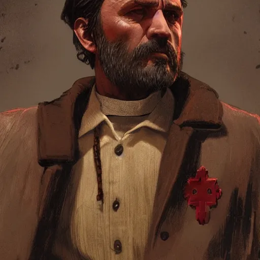 Image similar to large, tan, middle - aged priest with dark hair in red dead redemption 2, gorgeous, beautiful, intricate, highly detailed, digital painting, artstation, oppressive lighting, concept art, sharp focus, illustration, art by greg rutkowski and alphonse mucha