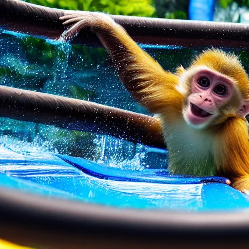 Image similar to photo of a happy monkey sliding down a waterslide, 4 k, full hd, reallistic, highly detailed