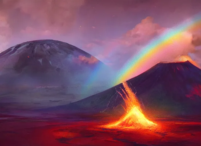 Prompt: rainbow from an erupting volcano at night, painting by Craig Mullins, octane rendering, soft morning lighting, wide angle lens, in the style of Hayao Miyazaki, trending on artstation,