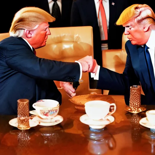 Prompt: donald trump drinking chinese tea with richard nixon, fist - bumping, happy, smiling laughing