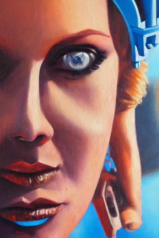 Prompt: oil painting, close-up hight detailed portrait of blue woman cyborg in style of 80s sci-fi art
