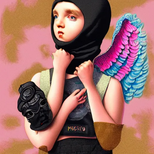 Image similar to Lofi vaporwave portrait baby cherub angel, ski mask, balaclava, face covered, Gucci, Nike, Chanel, multiple gold chains, Pixar style, Tristan Eaton, Stanley Artgerm, Tom Bagshaw