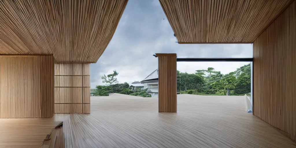 Prompt: Architectural photography of a residential house by Kengo Kuma