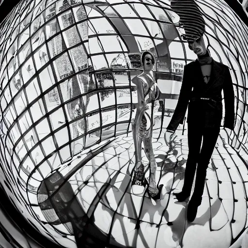 Image similar to fisheye medium format photograph of a surreal fashion shoot