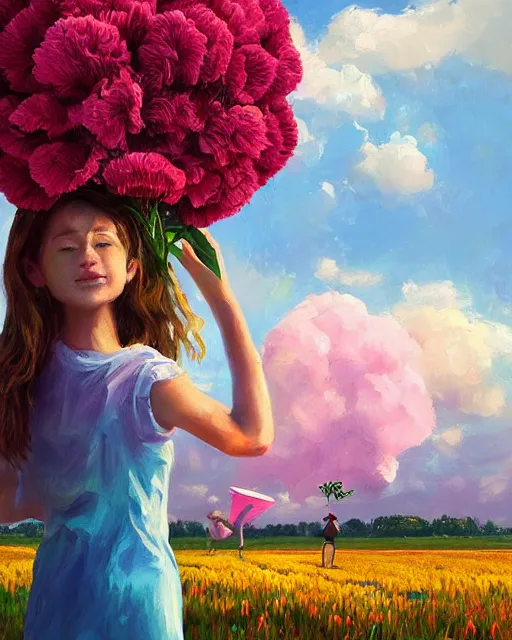 Image similar to girl with a giant carnation as face, surreal photography, flower field, sunset dramatic light, impressionist painting, colorful clouds, blue sky, digital painting, artstation, simon stalenhag