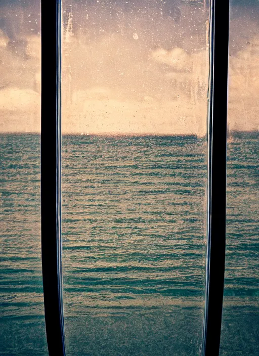 Prompt: looking out at a beach through a dirty window, photography