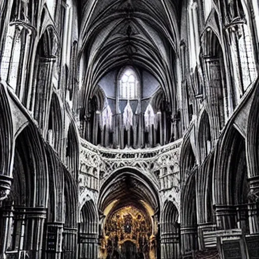 Image similar to A cathedral made out of skulls. Dream like, muted colors, dark, dreary.