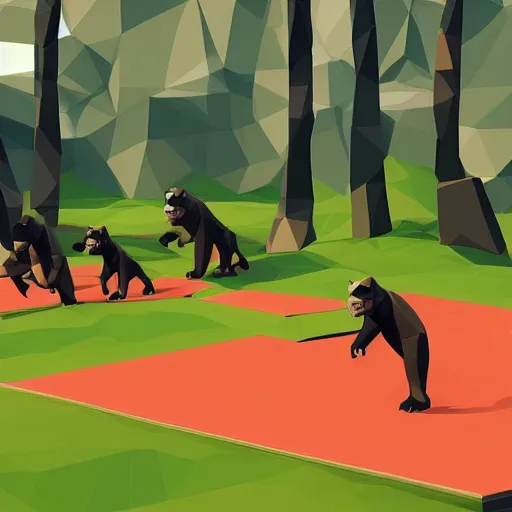 Image similar to gorillas without legs playing a game of tag in low poly video game. one of them has a lava texture