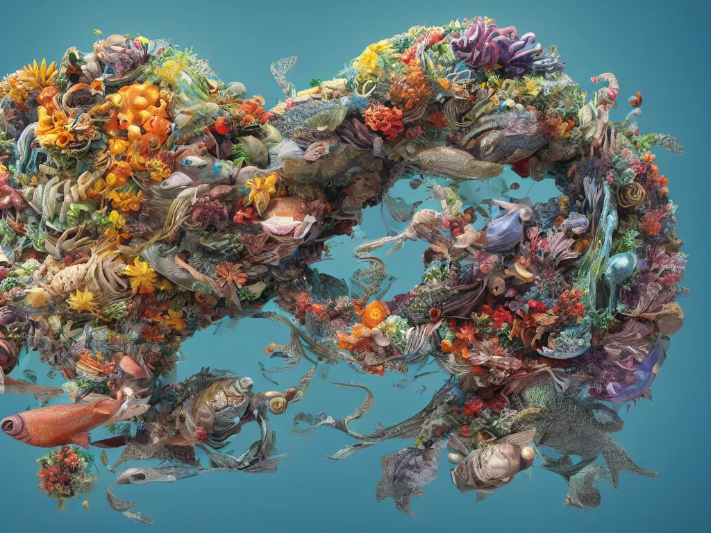 Image similar to a sculpture of fish ocean intertwined, a lovely cornucopia of flowers and human body parts, body parts, highly detailed, octane render, cinematic, shock, sharp focus, whole of cycle sharp