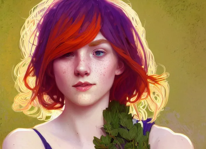 Image similar to portrait of a beautiful smiling girl with orange hair and freckles, green eyes, highly detailed, digital painting, concept art, smooth, sharp, focus, background is purple, trending on deviantart, alphonse mucha, WLOP