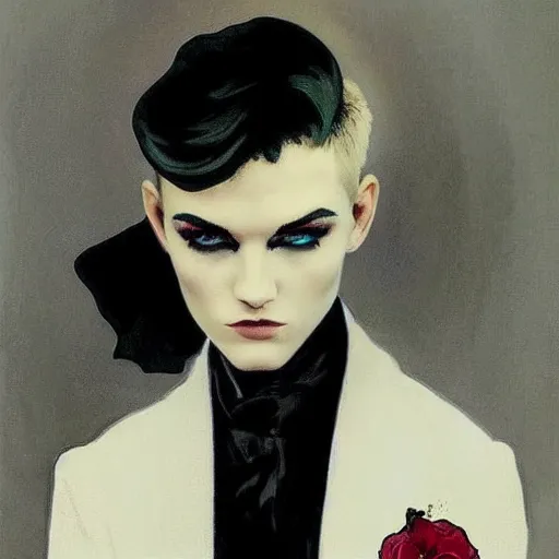 Image similar to beautiful portrait of androgynous ruby rose as desire from sandman in a white tuxedo!!!, rockabilly style,, by alphonse mucha, by jeremy mann, by peter lindbergh, dave mckean, by frank moth, white suit and black tie, soft lightning, high detailed, 8 k