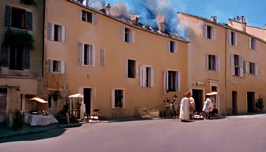 Image similar to 1 9 6 0 s movie still of a burning french style townhouse in a small french village, cinestill 8 0 0 t 3 5 mm technicolor, high quality, heavy grain, high detail, dramatic light, ultra wide lens, panoramic, anamorphic, flares