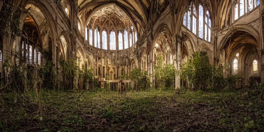 Prompt: Wide angle photograph of the inside of an abandoned cathedral, with a broken roof and overgrown with vines and bushes, cinematic lighting, epic scene, dramatic lighting, evening light, sunset, golden hour, fuji velvia, Flickr, national geographic, taken by Daniel Kordan