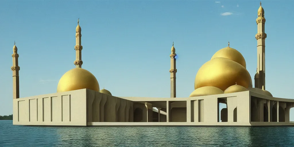 Prompt: mosque floating spaceship by louis kahn, golds fantasy world