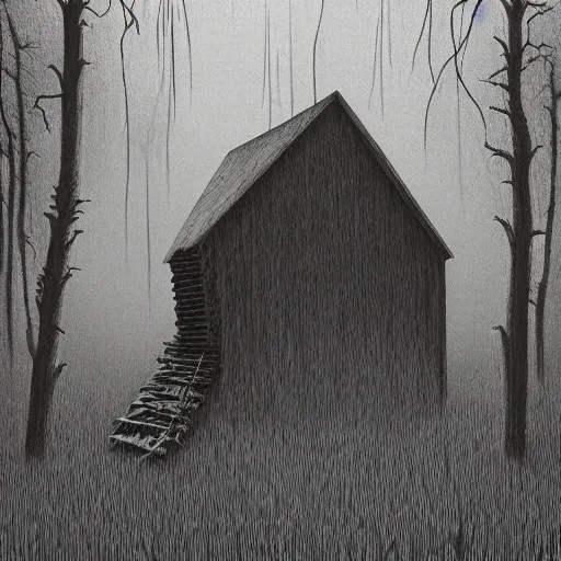 Image similar to a Illustration of a Eerie cabin in the middle of the woods in the style of Beksinski