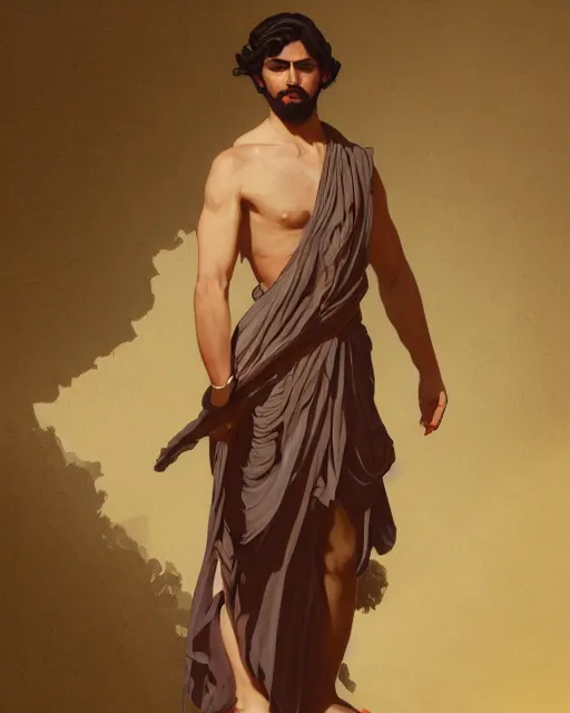 Image similar to young greek man, elegant ancient greek dress, very detailed, byzantium background, beautiful, intricate, cinematic, artstation, william bouguereau, alphonse mucha, greg rutkowski, rossdraws, octane render