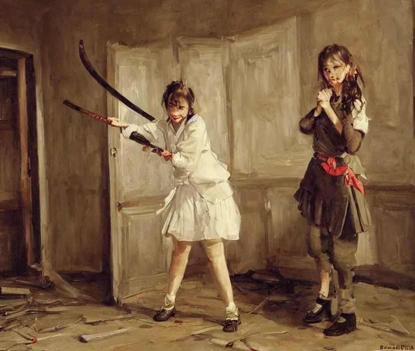 Prompt: School girl holding a katana and standing on an abandoned hospital room , by Konstantin Razumov, horror scene, highly detailded