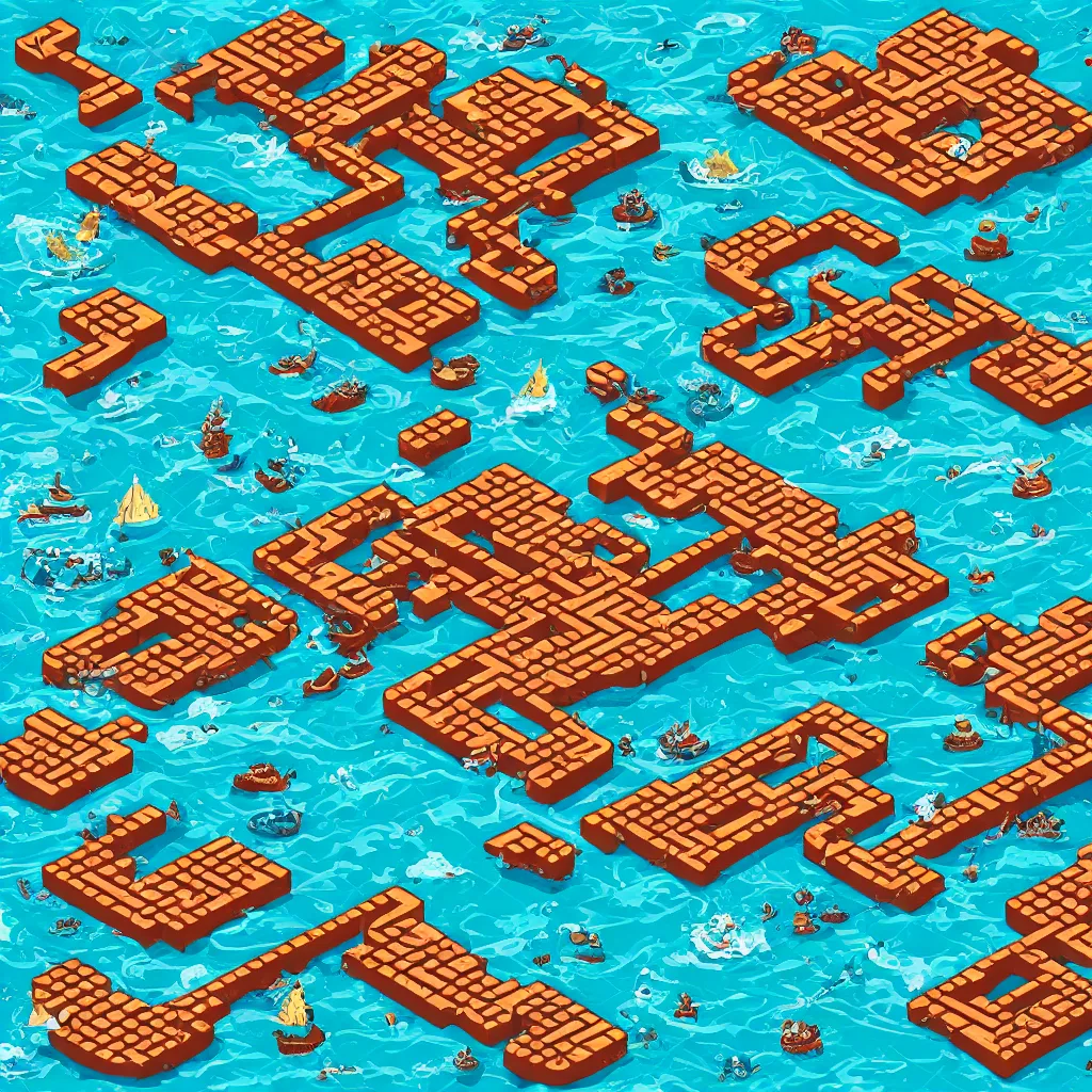 Image similar to wimmelbilder maze made ocean pirates attack kraken, isometric, very sharp, high contrast