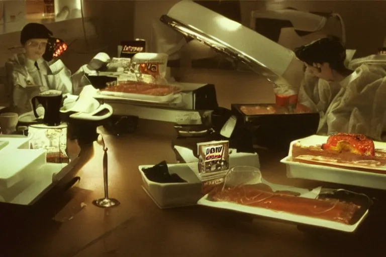 Image similar to mcdonald's mc - aspic aspic meal, in 1 9 9 5, y 2 k cybercore, industrial low - light photography, still from a ridley scott movie