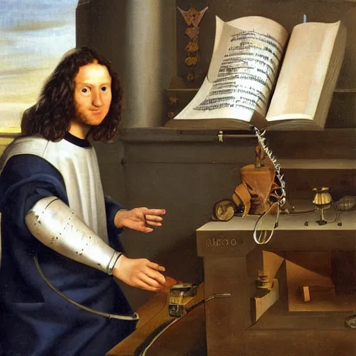 Prompt: Mark Zuckerberg as a long haired medieval scientist building a futuristic time machine, by Diego Velázquez