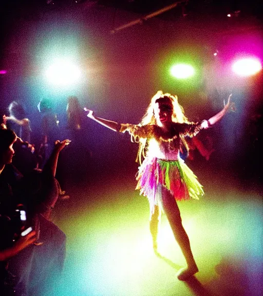 Prompt: portrait of a stunningly beautiful young hippie girl dancing at a crowded rave, rave lighting, stage lighting, lasers, spotlights, extremely colourful, epic cinematic lighting, smiling, pretty, alluring, by bruce davidson