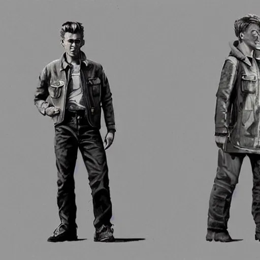 Prompt: a highly detailed epic cinematic concept art CG render digital painting artwork costume design: young James Dean as a well-kept neat anarchist rebel in 1950s USSR mechanic overalls and big boots. By Greg Rutkowski, Ilya Kuvshinov, WLOP, Stanley Artgerm Lau, Ruan Jia and Fenghua Zhong, trending on ArtStation, subtle muted cinematic colors, made in Maya, Blender and Photoshop, octane render, excellent composition, cinematic atmosphere, dynamic dramatic cinematic lighting, aesthetic, very inspirational, arthouse