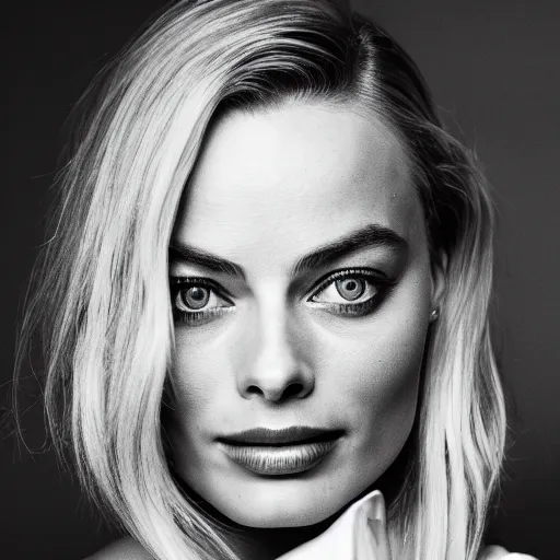 Prompt: 8k photo detailed Margot Robbie staring into camera with overly large eyes, 50mm shallow dof black and white