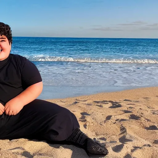 Prompt: a chubby 1 4 year - old male, he is an arabic and iranian descent. he is sitting on a beach chair on the beach. he is laughing and smirking