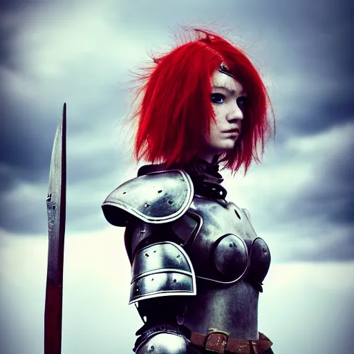 Image similar to north girl, warrior, red hair, fantasy, high detailed, photography, cloudy, lightweight armor, Scandinavia, plain, Authentic, detailed face, spear in hand