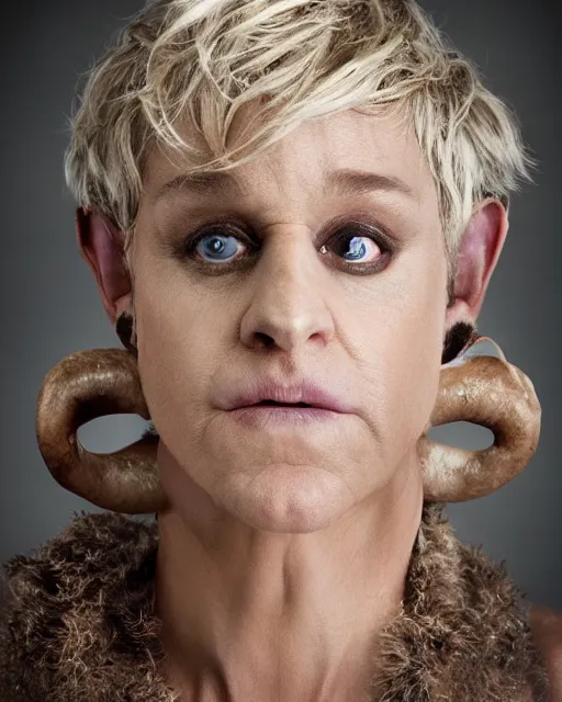 Image similar to headshot of ellen degeneres as a mythical satyr, ellen degeneres in highly detailed satyr makeup and prosthetics designed rick baker, studio lighting, 8 k, photo shoot, 9 inch kershaw soft focus lens f / 5. 6