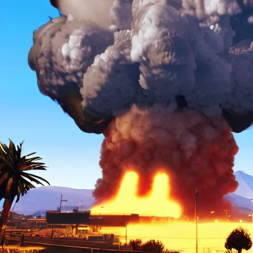 Prompt: nuclear explosion, huge mushroom cloud, grand theft auto 5 screenshot